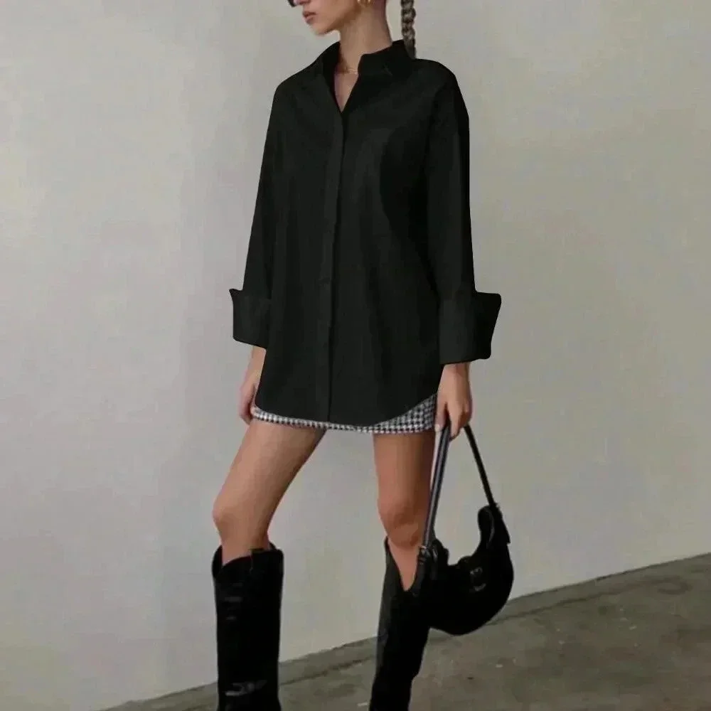 Black Casual Women's Loose Long Sleeved Shirt - Picture 3 of 3